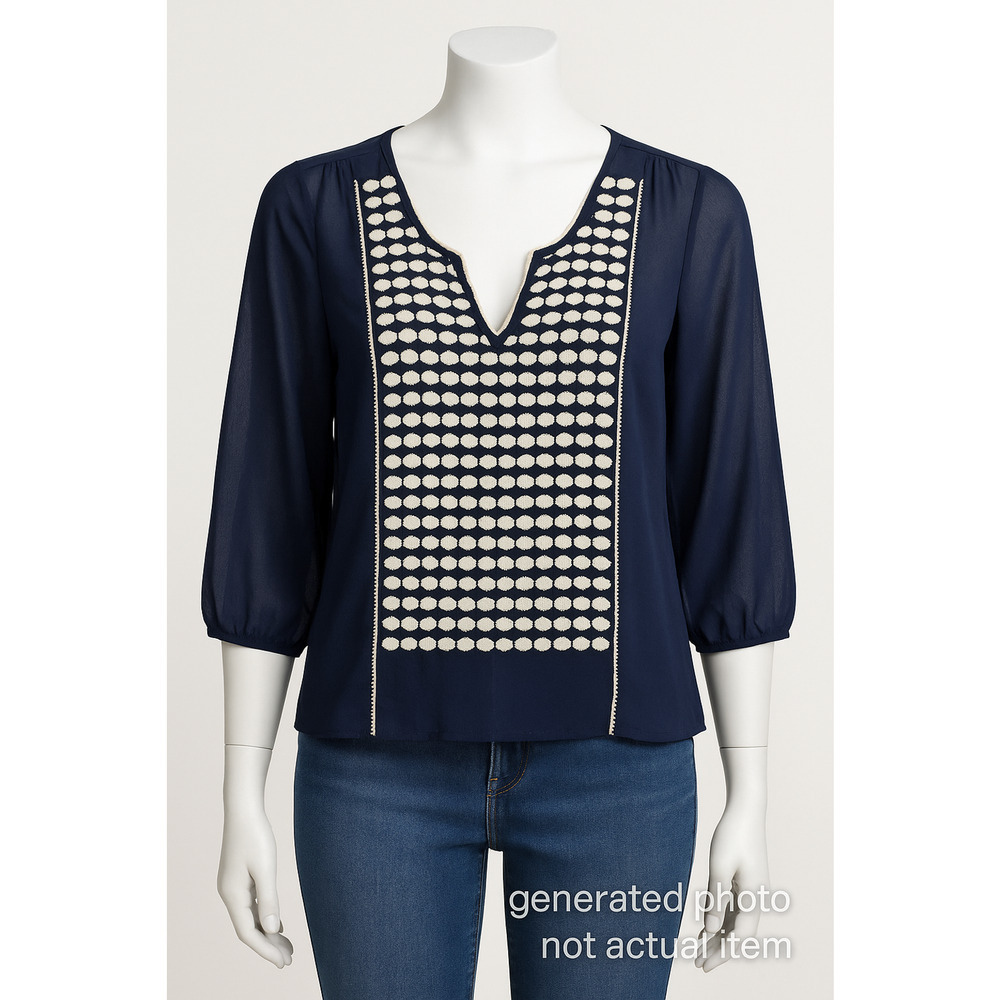 Collective Concepts Sheer Boho Embroidered Navy Peasant Blouse Tunic Top Small